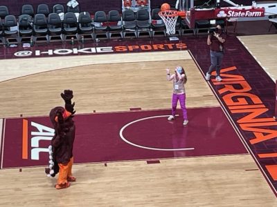 The Hokie Bird and a SAFE participant shooting some hoops