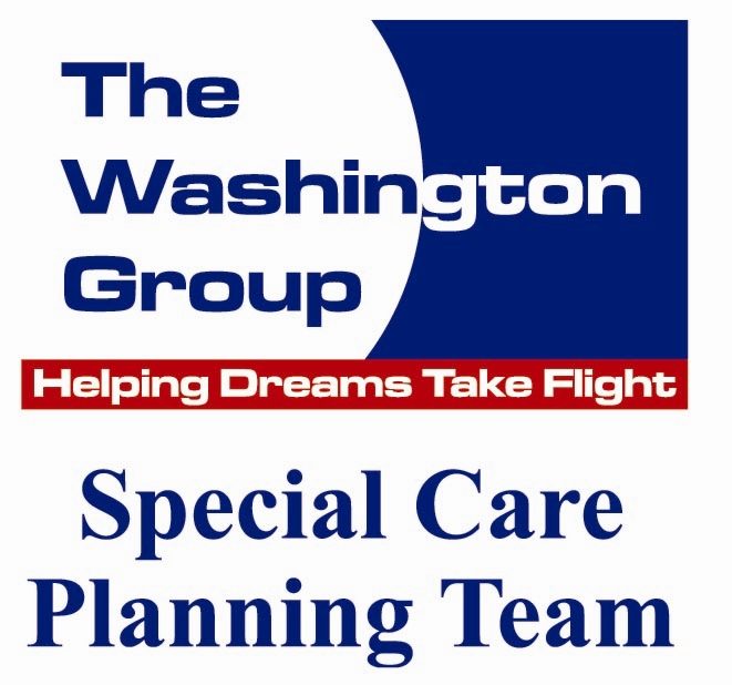 Blue, white and red logo for the Washington Group Special Care Planning Team: helping dreams take flight