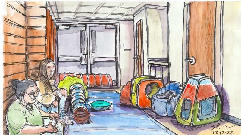 A colorful sketch of the SAFE (Supporting Autism Friendly Environments) Space at last year's basketball game.  (mats, small tents, play tunnels and fidgets)