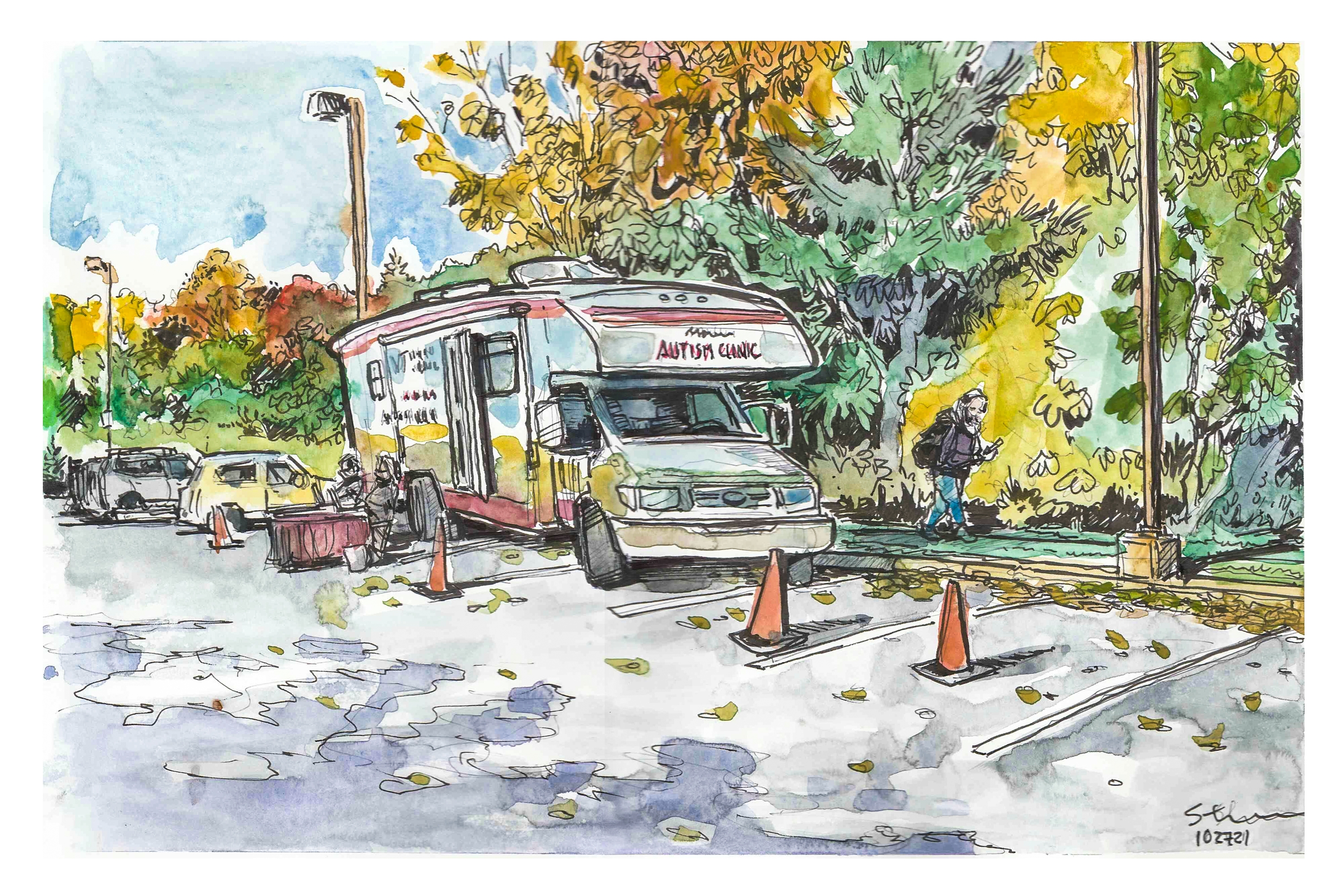 Doodle sketch of the  Mobile Autism Clinic parked in the Blacksburg Library lot on a fall day.