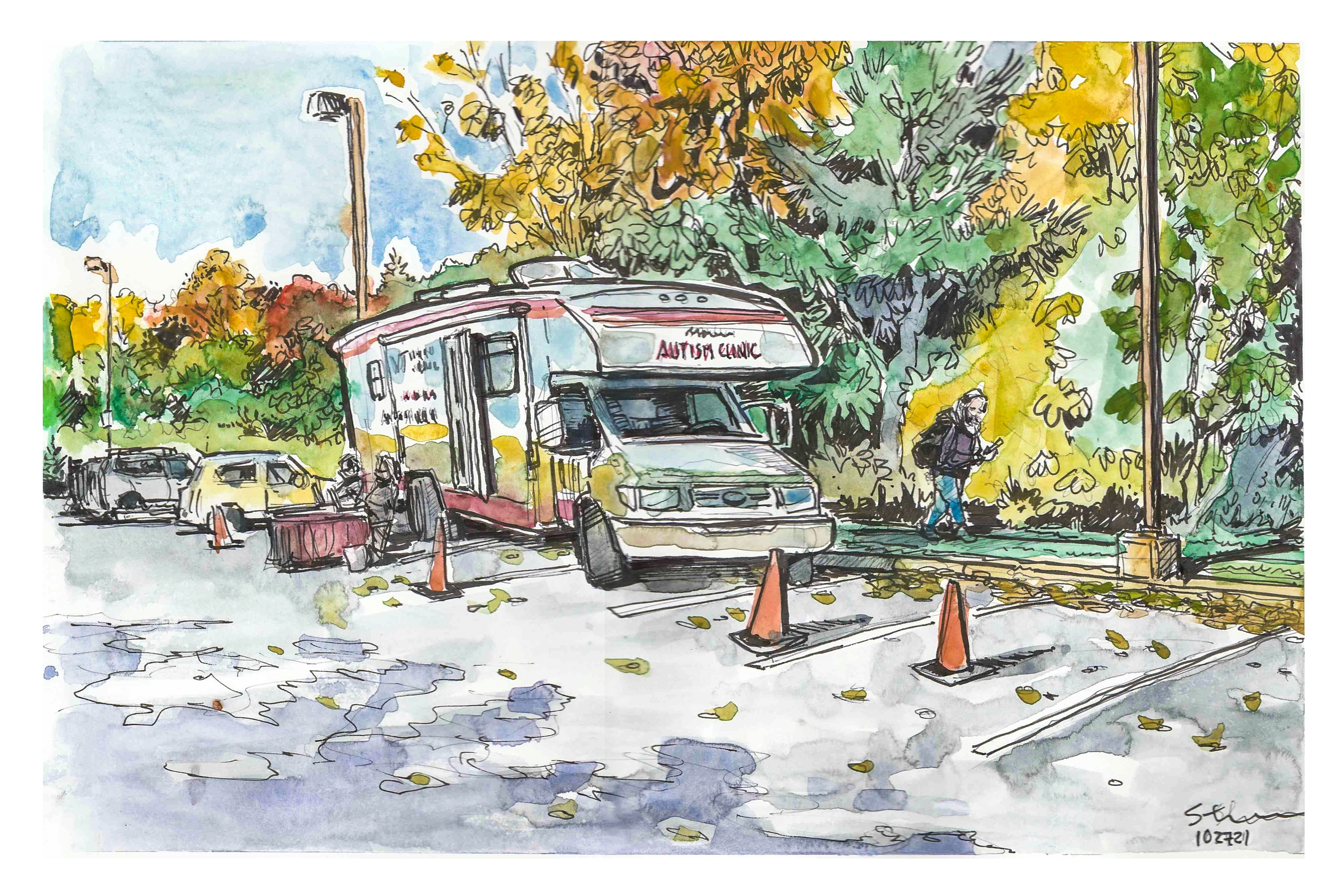 Doodle sketch of Mobile Autism Clinic Doodle sketch of the Mobile Autism Clinic parked in the Blacksburg Library lot on a fall day.